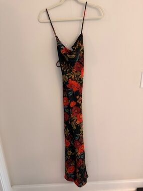 12th Tribe NEVER WORN - Black Midi Slip Dress with Red & Gold Floral Print